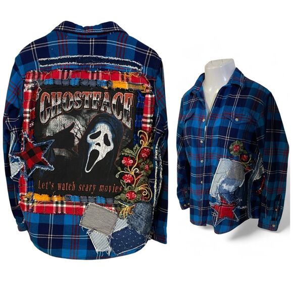 Upcycled Flannel Shirt Womens Large Shacket Ghostface Grunge Scary Movies Blue - Picture 2 of 16